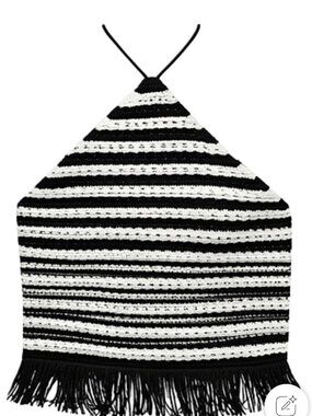 Reformation Black & Cream Crochet Halter Fringe Tank Top Size S
